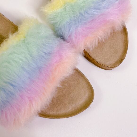Sugar Bravoes Fuzzy Tie Dye Open Toe Slide Sandals Pastel Rainbow size 10 NEW - Picture 4 of 11